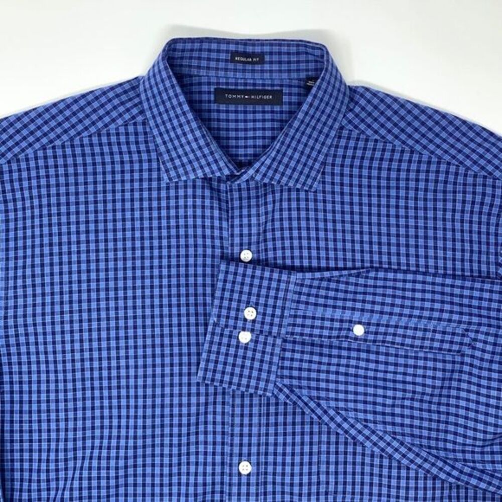 Tommy Hilfiger‎ Regular Fit Cotton Blue Check Men's Long Sleeve Shirt Size Large